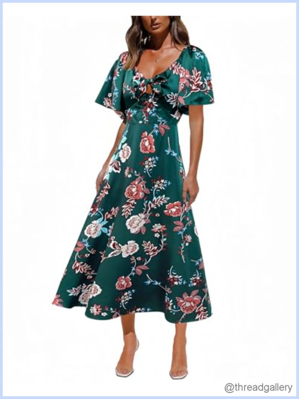 Satin Maxi Dress Floral Tie Front Cap Sleeve Elegant Casual